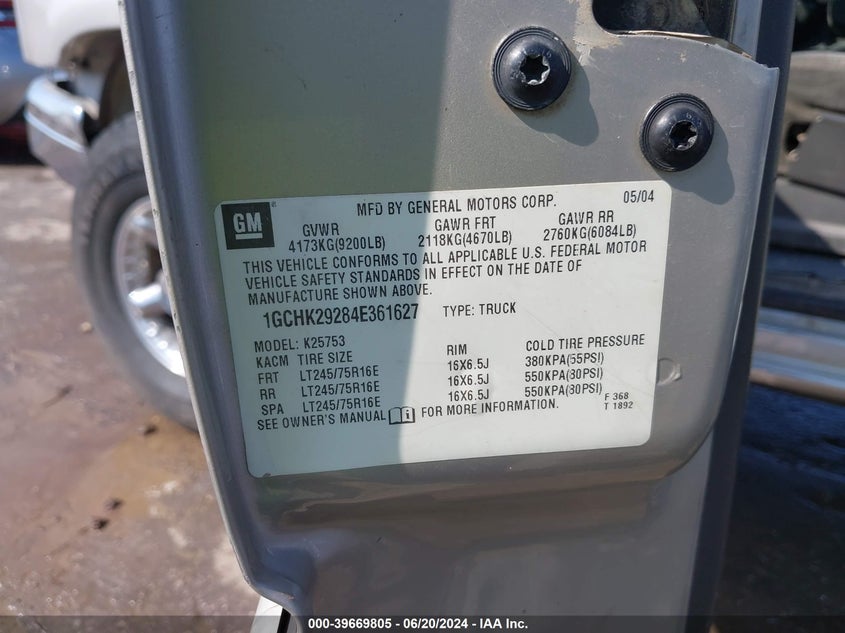 2004 Chevrolet Silverado 2500Hd Ls VIN: 1GCHK29284E361627 Lot: 39669805
