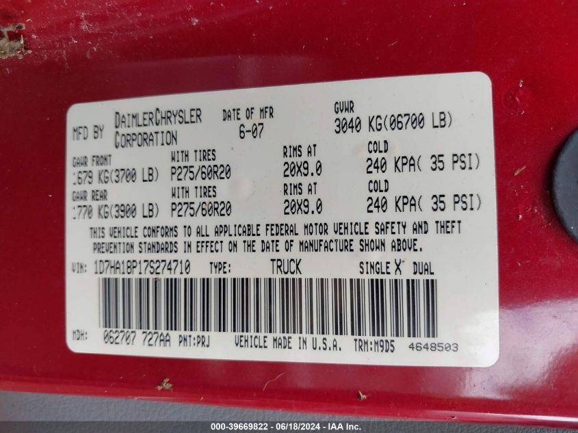 2007 Dodge Ram 1500 Slt VIN: 1D7HA18P17S274710 Lot: 39669822