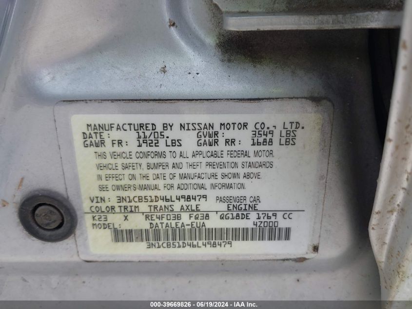 3N1CB51D46L498479 | 2006 NISSAN SENTRA