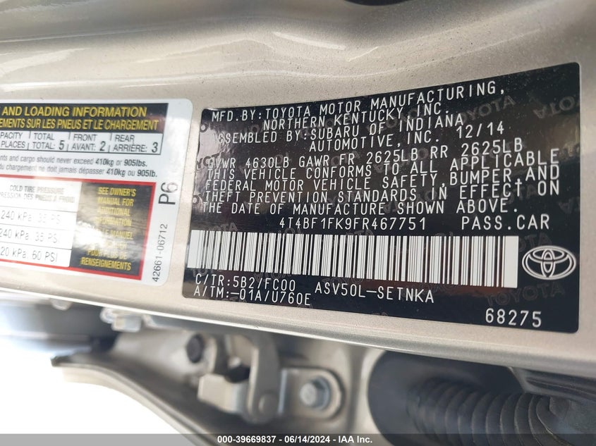 2015 Toyota Camry Le VIN: 4T4BF1FK9FR467751 Lot: 39669837