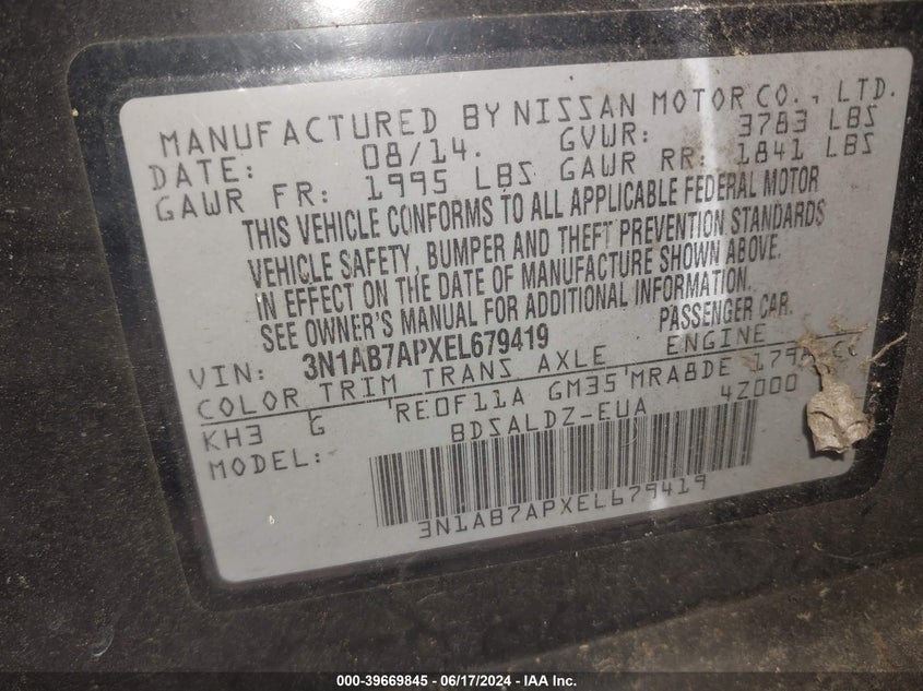 2014 Nissan Sentra Sv VIN: 3N1AB7APXEL679419 Lot: 39669845