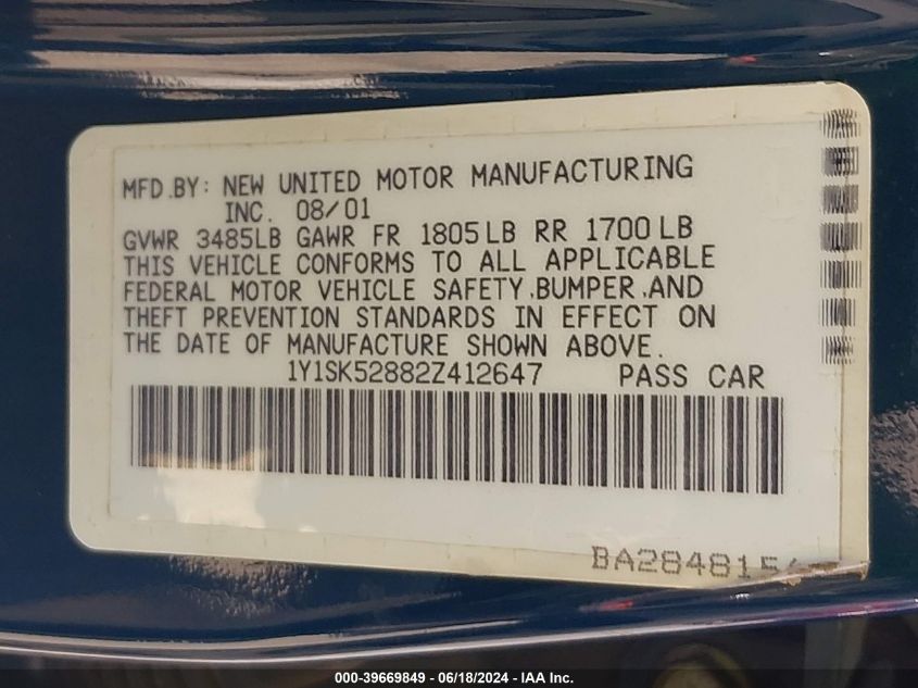 2002 Chevrolet Prizm VIN: 1Y1SK52882Z412647 Lot: 39669849