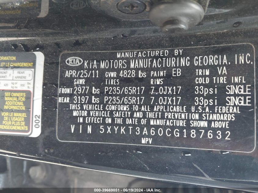 2012 Kia Sorento Lx VIN: 5XYKT3A60CG187632 Lot: 39669851