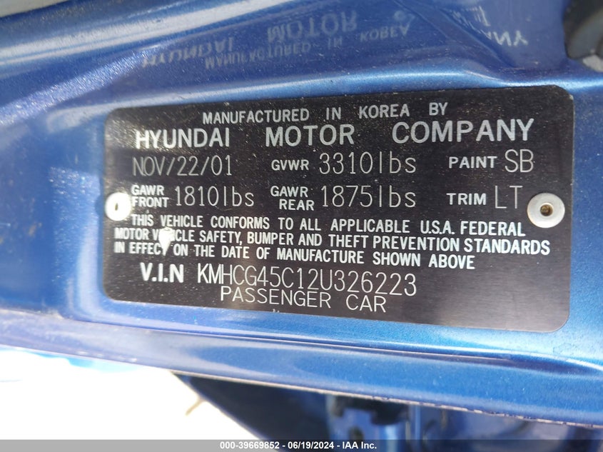 2002 Hyundai Accent Gl VIN: KMHCG45C12U326223 Lot: 39669852