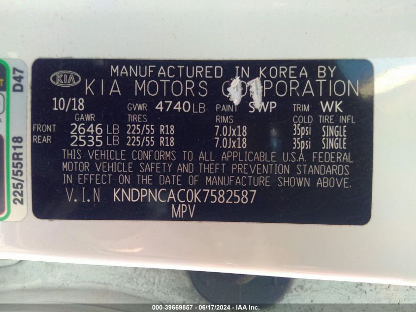 2019 Kia Sportage Ex VIN: KNDPNCAC0K7582587 Lot: 39669857