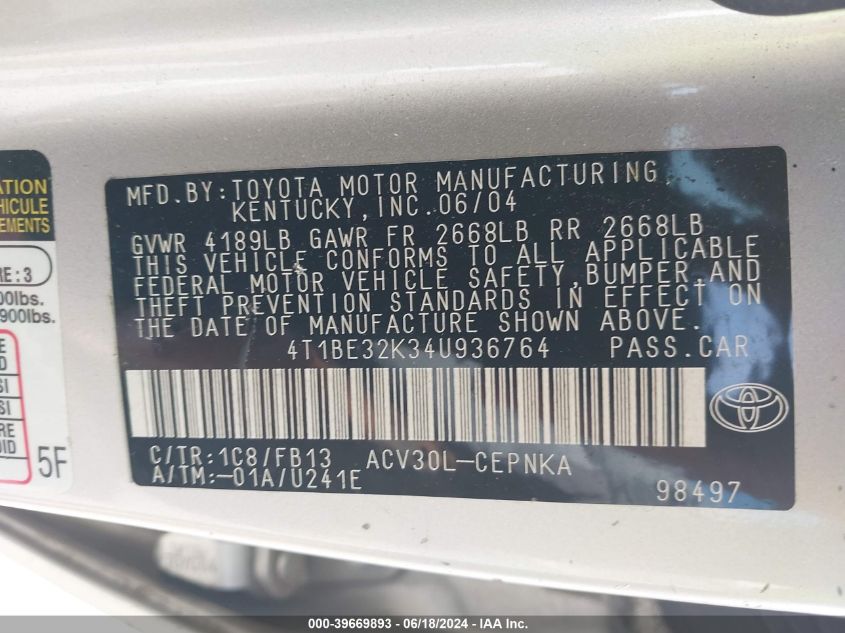 2004 Toyota Camry Le VIN: 4T1BE32K34U936764 Lot: 39669893