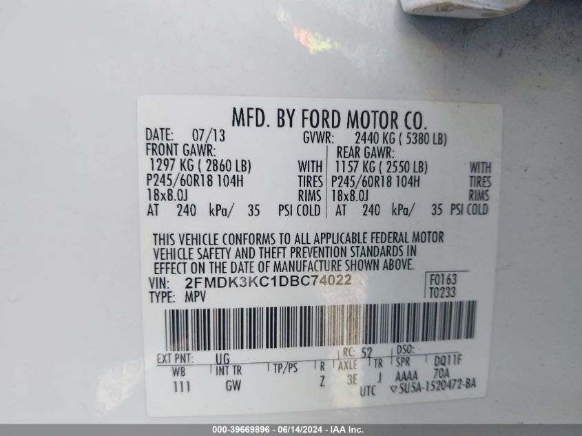 2013 Ford Edge Limited VIN: 2FMDK3KC1DBC74022 Lot: 39669896