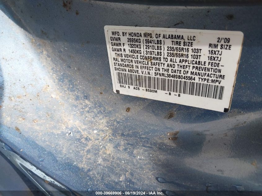 2009 Honda Odyssey Ex VIN: 5FNRL38489B045564 Lot: 39669906