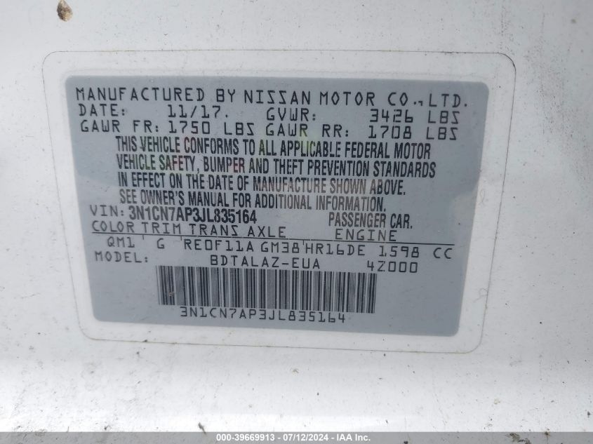 3N1CN7AP3JL835164 2018 Nissan Versa 1.6 S+