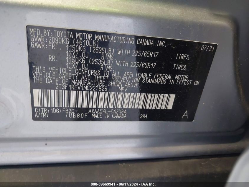 2021 Toyota Rav4 Le VIN: 2T3F1RFV1MC227828 Lot: 39669941