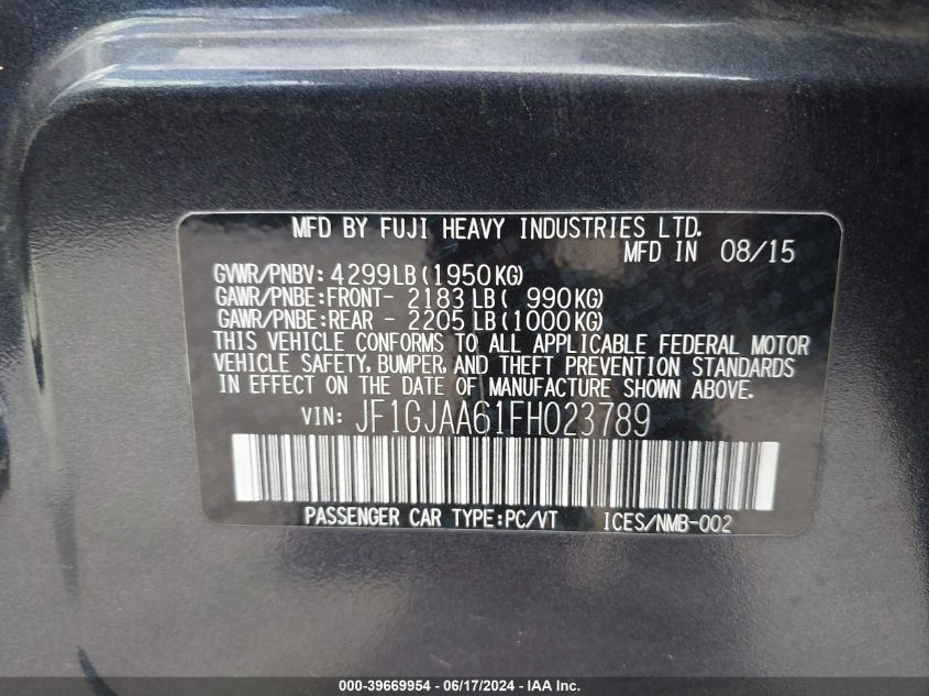 2015 Subaru Impreza 2.0I VIN: JF1GJAA61FH02378 Lot: 39669954