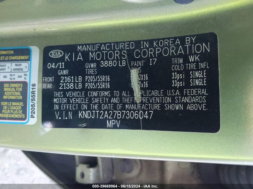 2011 Kia Soul + VIN: KNDJT2A27B7306047 Lot: 39669964