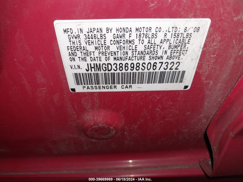 2008 Honda Fit Sport VIN: JHMGD38698S067322 Lot: 39669969