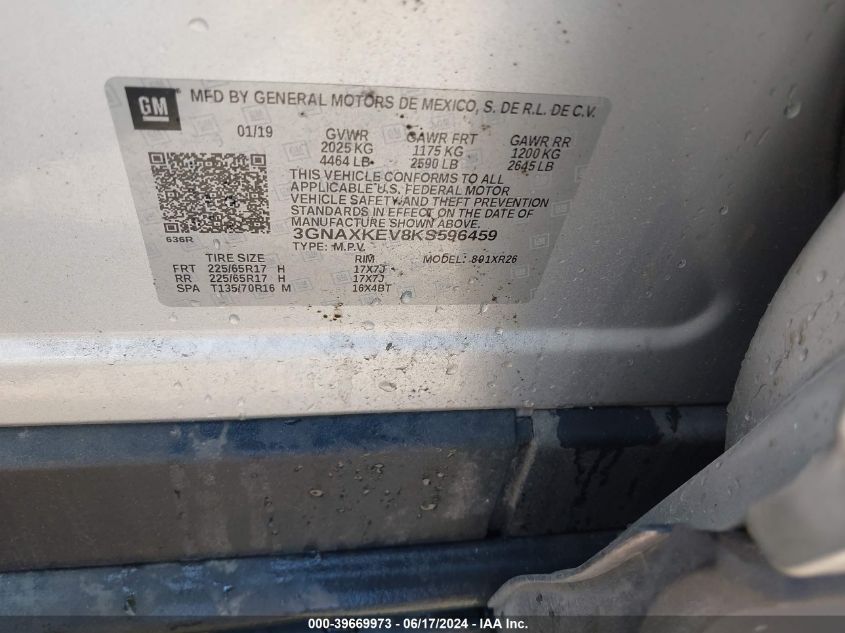 2019 Chevrolet Equinox Lt VIN: 3GNAXKEV8KS596459 Lot: 39669973