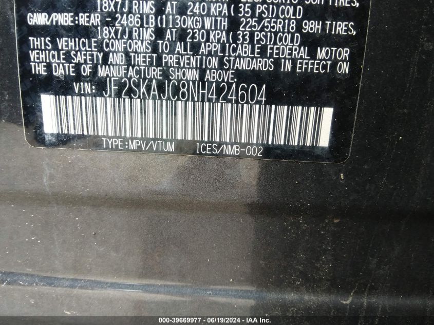 2022 Subaru Forester Sport VIN: JF2SKAJC8NH424604 Lot: 39669977