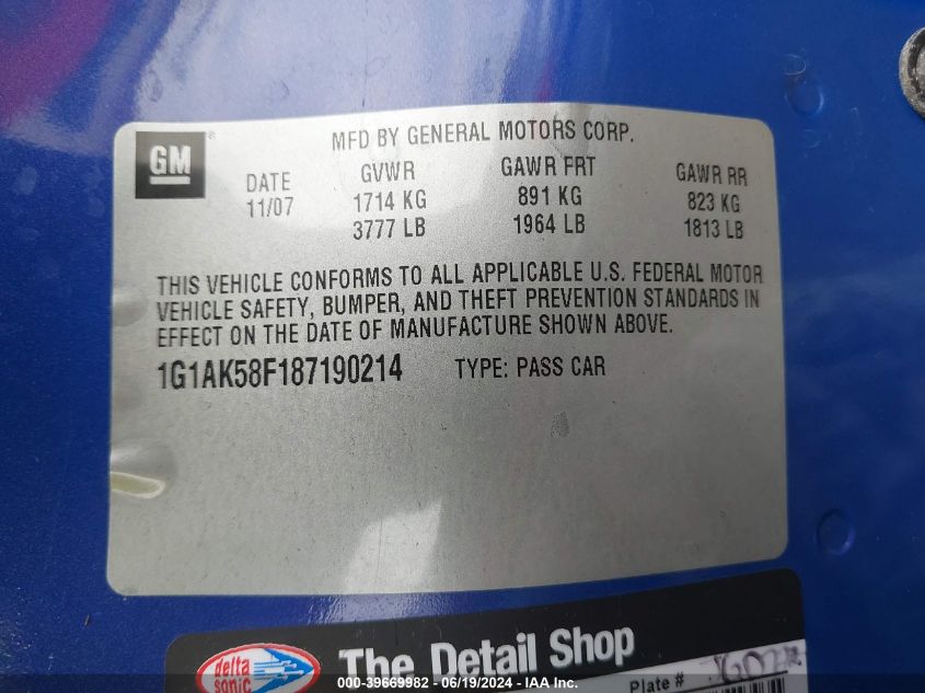 2008 Chevrolet Cobalt Ls VIN: 1G1AK58F187190214 Lot: 39669982