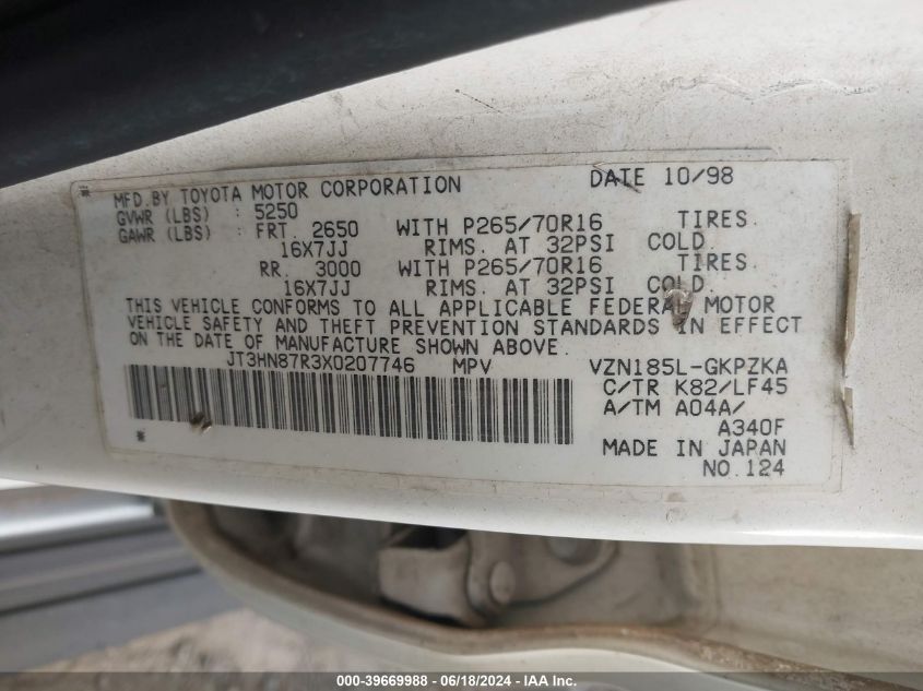 1999 Toyota 4Runner Limited V6 VIN: JT3HN87R3X0207746 Lot: 39669988