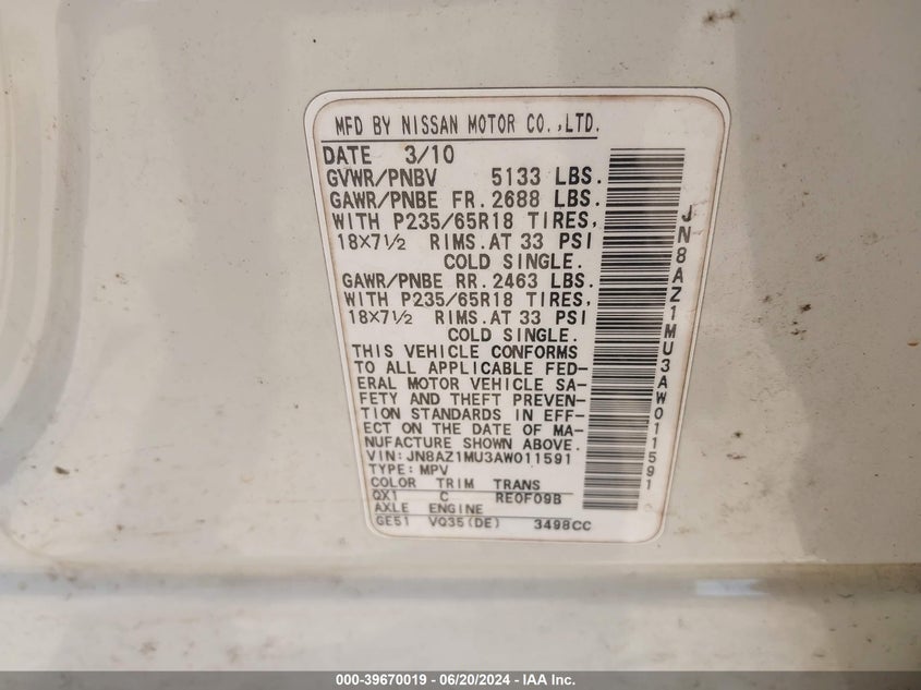 2010 Nissan Murano Sl VIN: JN8AZ1MU3AW011591 Lot: 39670019