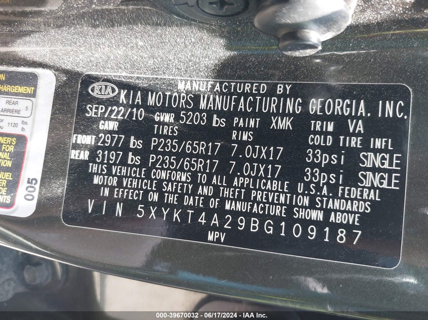 2011 Kia Sorento Lx V6 VIN: 5XYKT4A29BG109187 Lot: 39670032