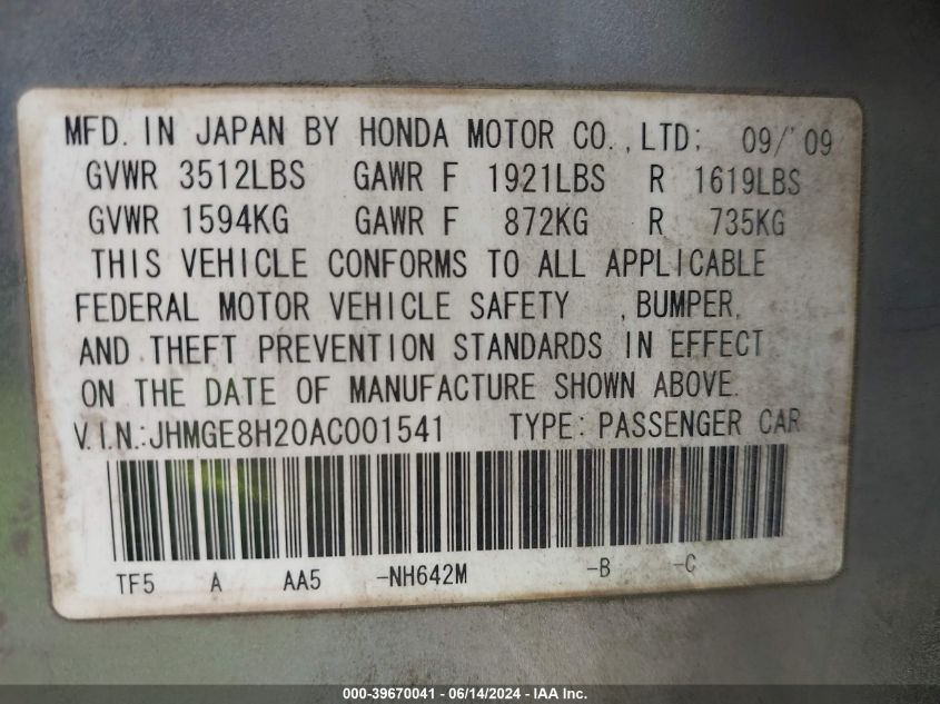 2010 Honda Fit VIN: JHMGE8H20AC001541 Lot: 39670041