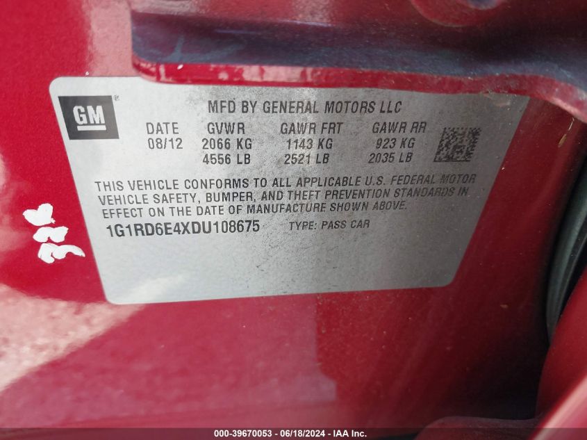 2013 Chevrolet Volt VIN: 1G1RD6E4XDU108675 Lot: 39670053