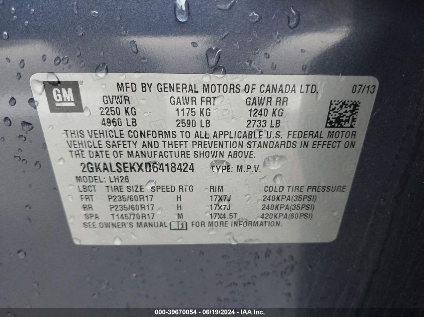 2013 GMC Terrain Sle-2 VIN: 2GKALSEKXD6418424 Lot: 39670054