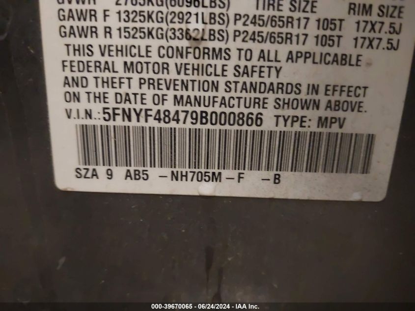 2009 Honda Pilot Ex VIN: 5FNYF48479B000866 Lot: 39670065