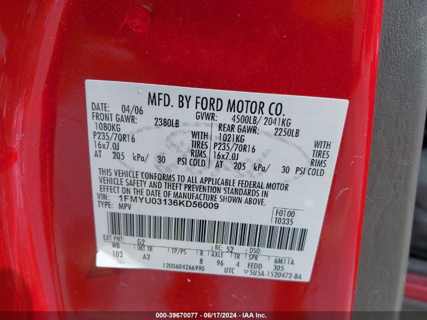 2006 Ford Escape Xlt/Xlt Sport VIN: 1FMYU03136KD56009 Lot: 39670077