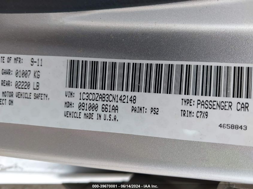 2012 Dodge Avenger Se VIN: 1C3CDZAB3CN142148 Lot: 39670081