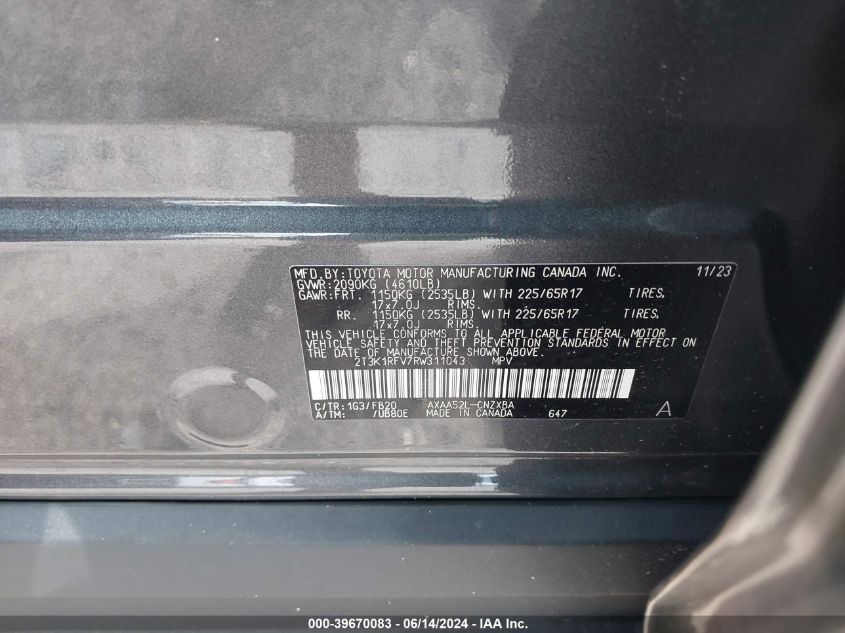 2024 Toyota Rav4 Le VIN: 2T3K1RFV7RW311043 Lot: 39670083