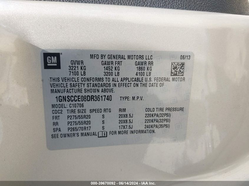 2013 Chevrolet Tahoe Ltz VIN: 1GNSCCE08DR361740 Lot: 39670092