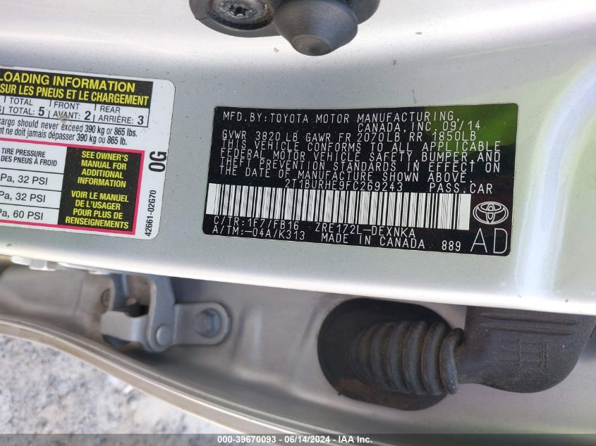 2015 Toyota Corolla Le VIN: 2T1BURHE9FC269243 Lot: 39670093