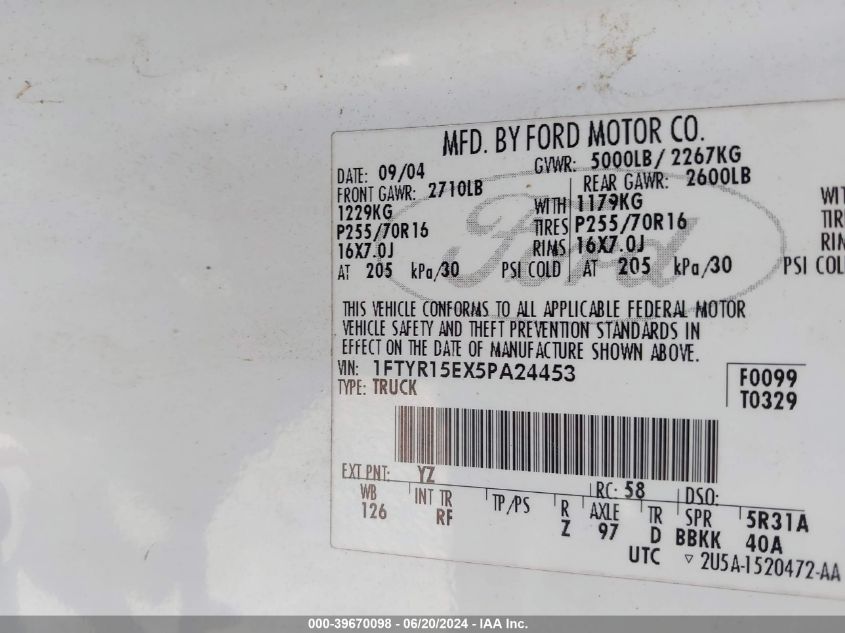 2005 Ford Ranger Edge/Xl/Xlt VIN: 1FTYR15EX5PA24453 Lot: 39670098