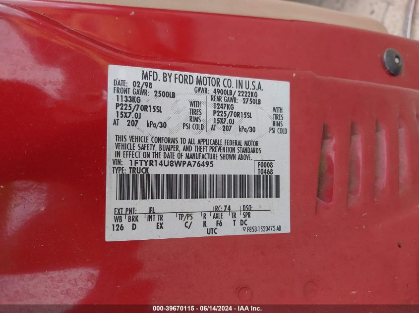 1998 Ford Ranger Splash/Xl/Xlt VIN: 1FTYR14U8WPA76495 Lot: 39670115