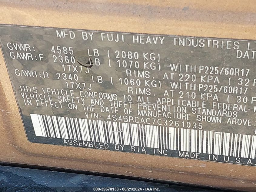 2012 Subaru Outback 2.5I VIN: 4S4BRCAC7C3261035 Lot: 39670133