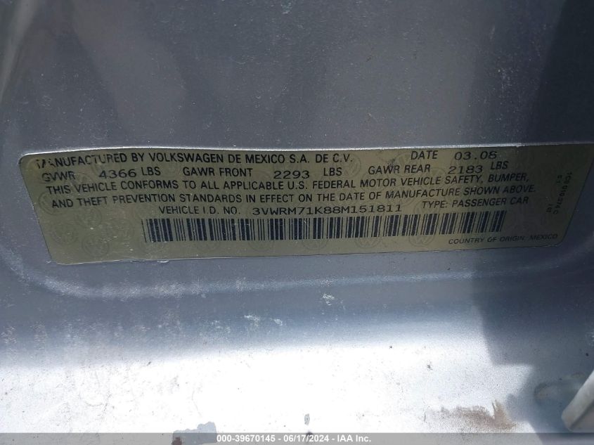 2008 Volkswagen Jetta Se/Sel VIN: 3VWRM71K88M151811 Lot: 39670145