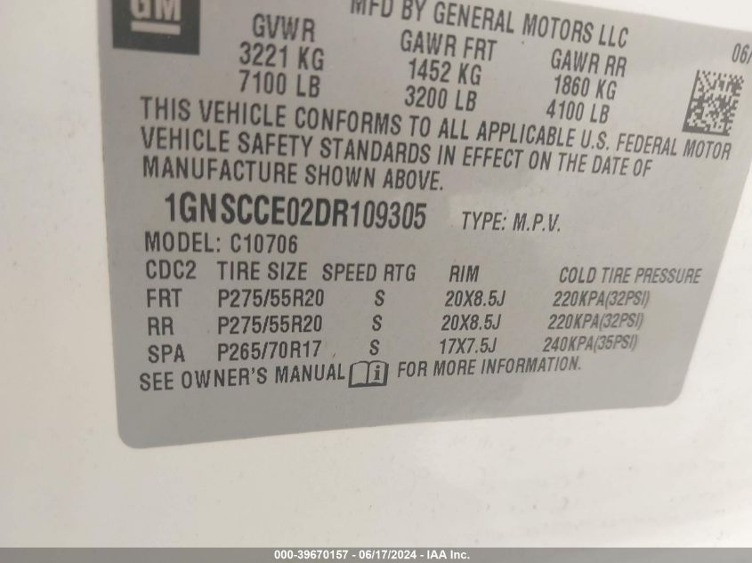 2013 Chevrolet Tahoe Ltz VIN: 1GNSCCE02DR109305 Lot: 39670157