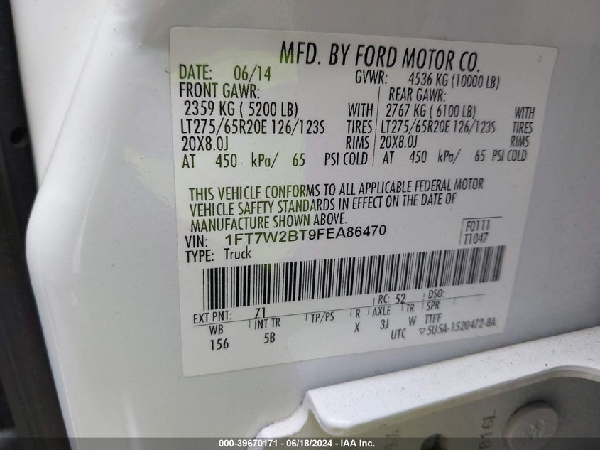 2015 Ford F-250 Lariat VIN: 1FT7W2BT9FEA86470 Lot: 39670171