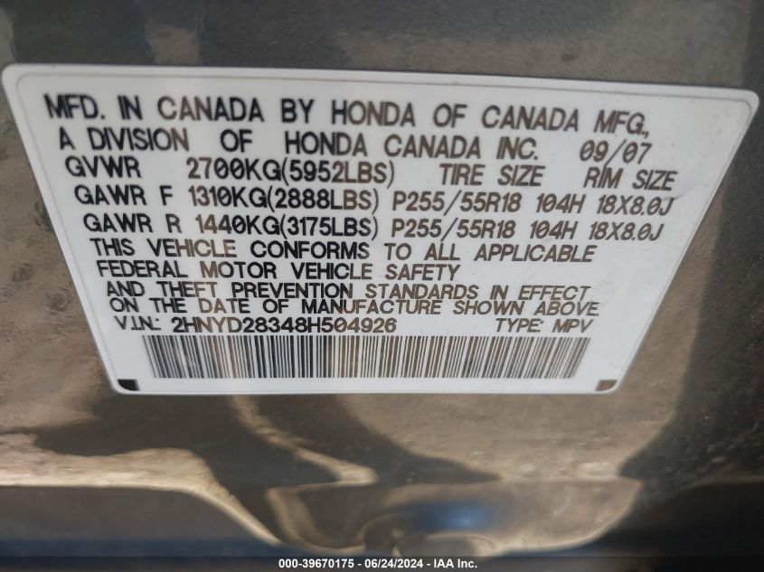 2008 Acura Mdx Technology Package VIN: 2HNYD28348H504926 Lot: 39670175