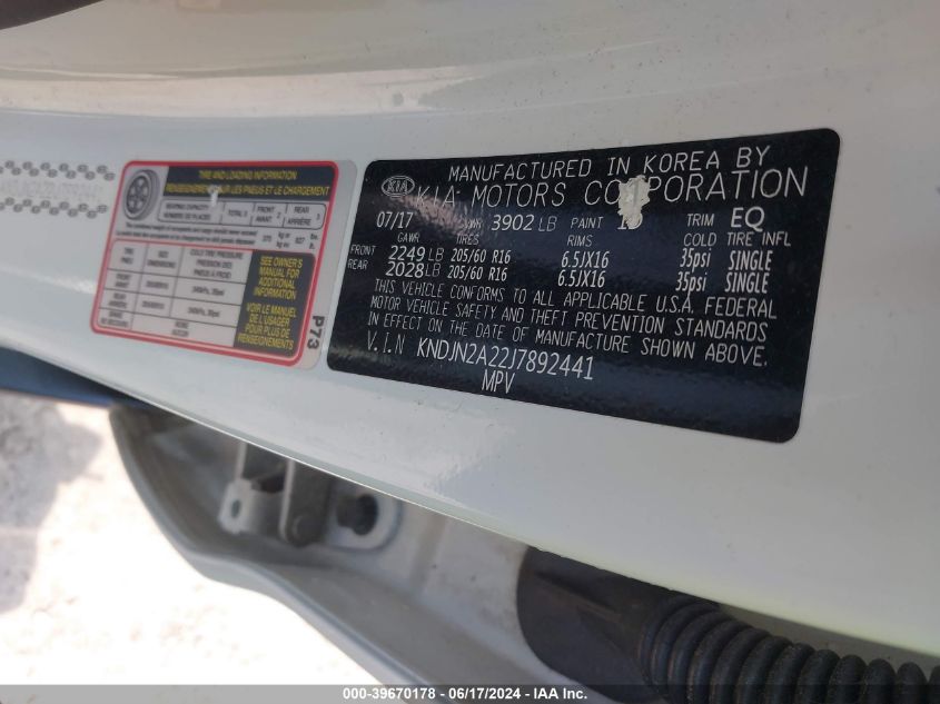 2018 Kia Soul VIN: KNDJN2A22J7892441 Lot: 39670178