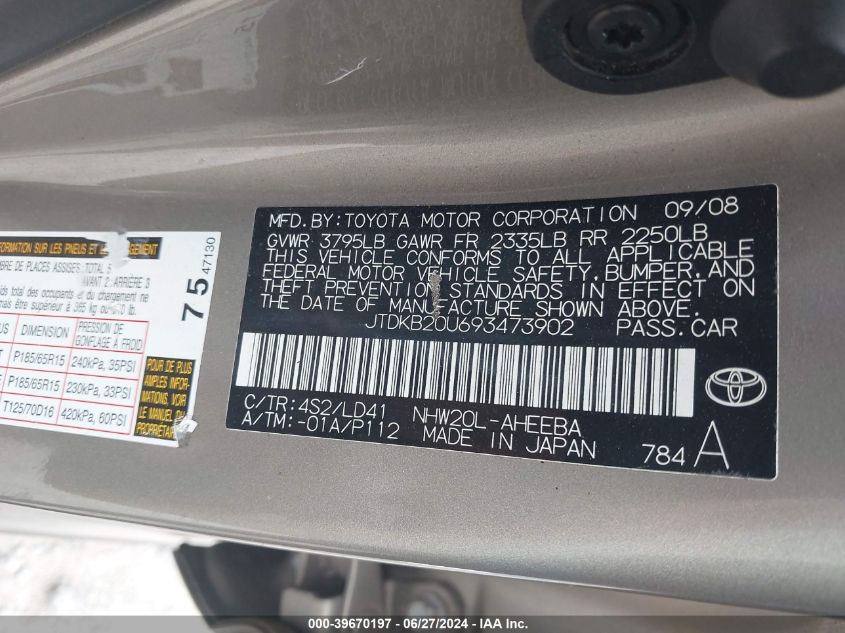 2009 Toyota Prius VIN: JTDKB20U693473902 Lot: 39670197