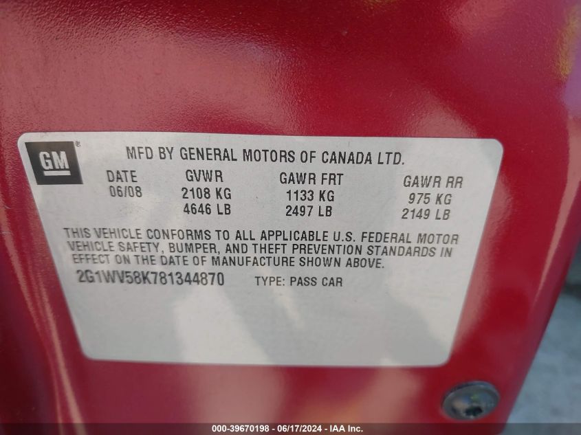 2008 Chevrolet Impala Lt VIN: 2G1WV58K781344870 Lot: 39670198