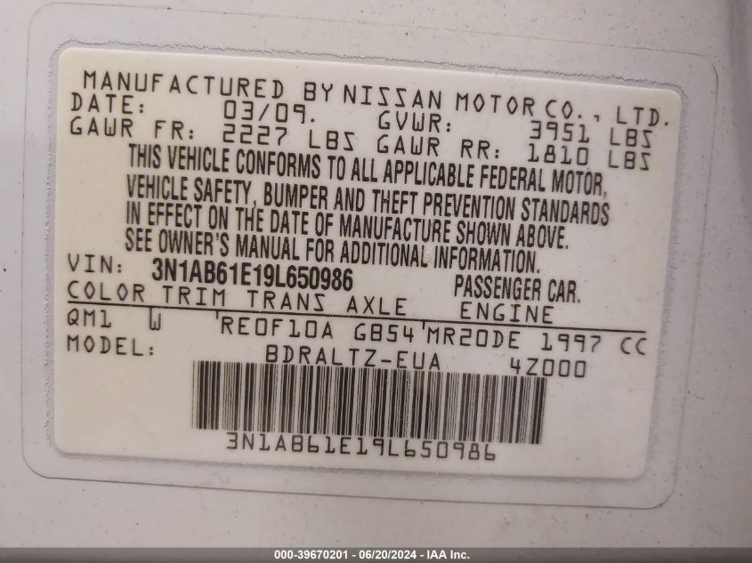 2009 Nissan Sentra 2.0S VIN: 3N1AB61E19L650986 Lot: 39670201