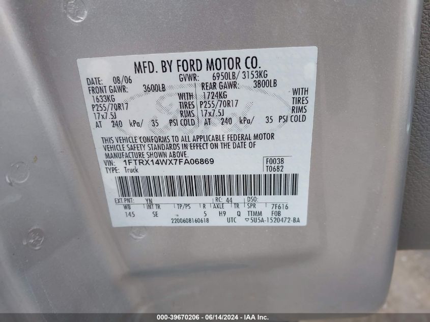 2007 Ford F-150 Fx4/Stx/Xl/Xlt VIN: 1FTRX14WX7FA06869 Lot: 39670206