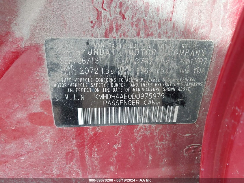 2013 Hyundai Elantra Gls VIN: KMHDH4AE0DU975975 Lot: 39670208