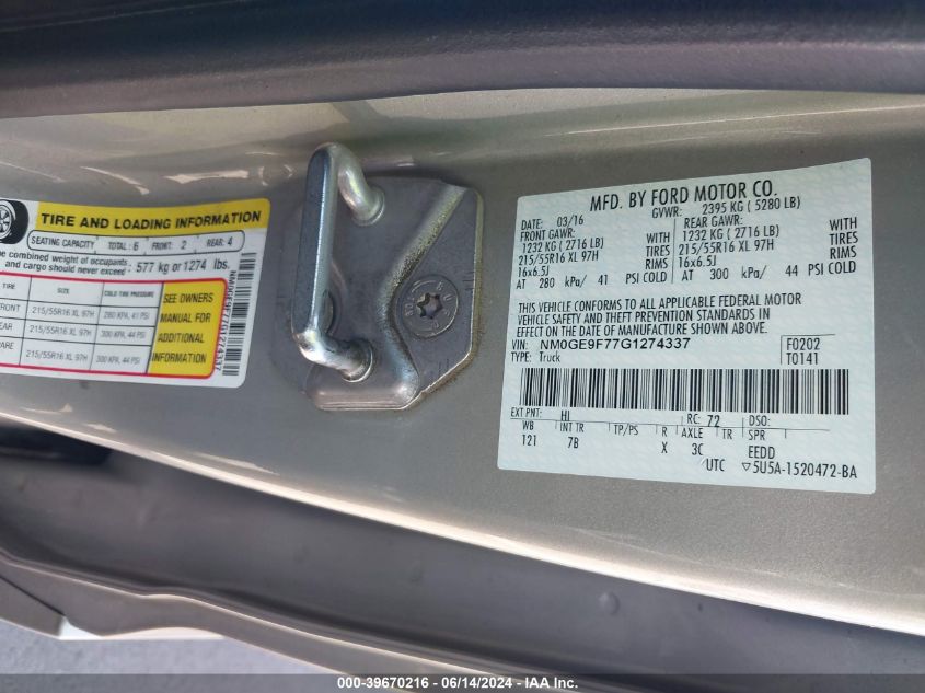 2016 Ford Transit Connect Xlt VIN: NM0GE9F77G1274337 Lot: 39670216