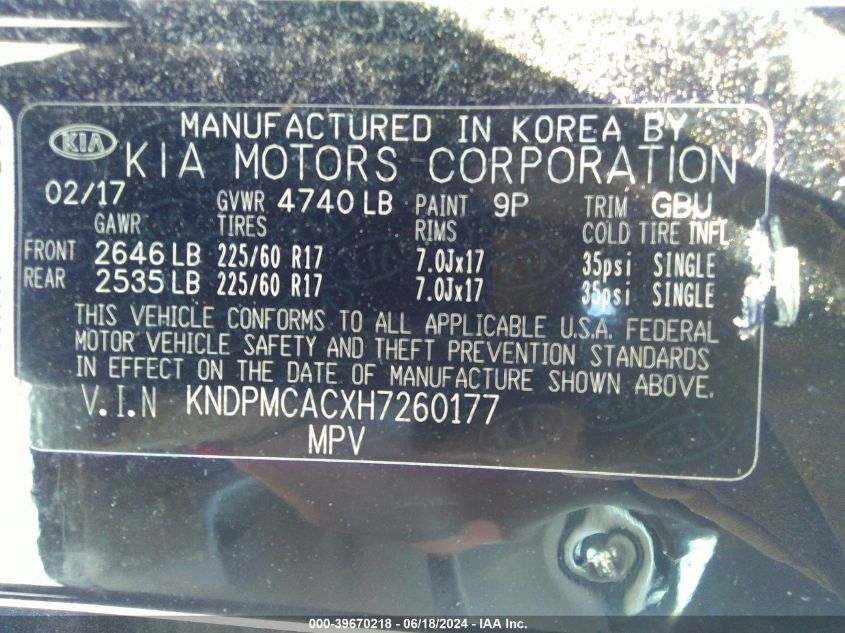 2017 Kia Sportage Lx VIN: KNDPMCACXH7260177 Lot: 39670218