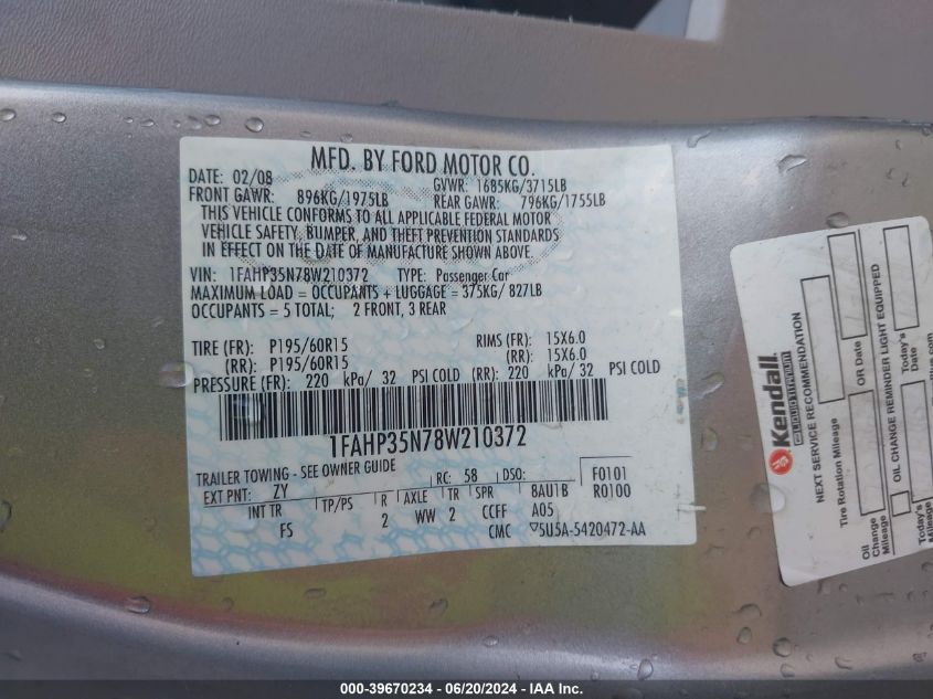 2008 Ford Focus Se/Ses VIN: 1FAHP35N78W210372 Lot: 39670234