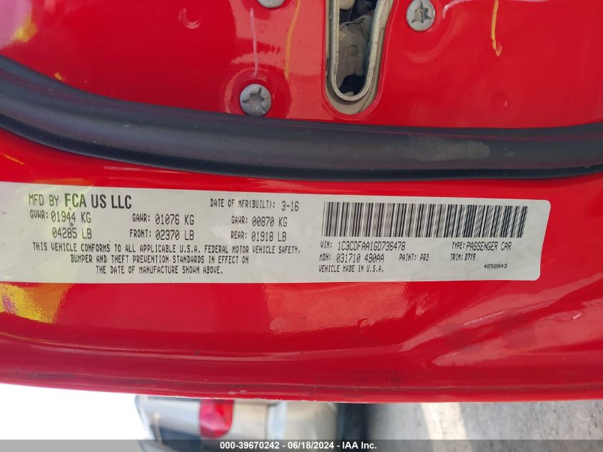 2016 Dodge Dart Se VIN: 1C3CDFAA1GD736478 Lot: 39670242