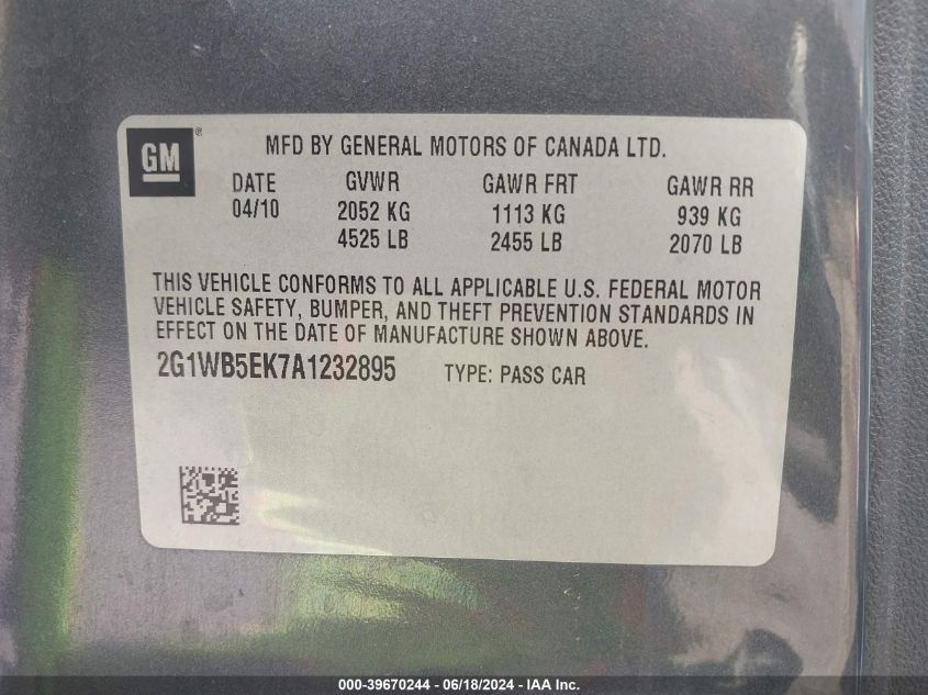 2010 Chevrolet Impala Lt VIN: 2G1WB5EK7A1232895 Lot: 39670244